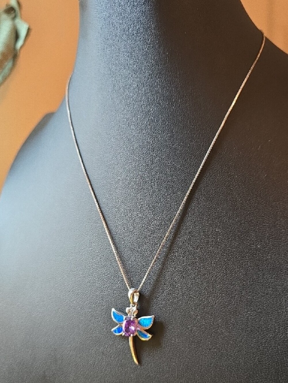 Silver Dragonfly Pendant Necklace with Amethyst Center and Blue-Green Opal Wings - Picture 3 of 9